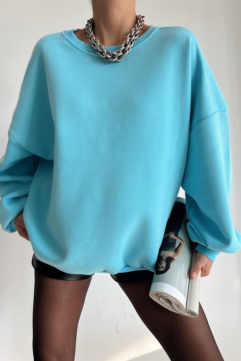 Ribanalı Bisiklet Yaka Basic Sweatshirt Açık Mavi