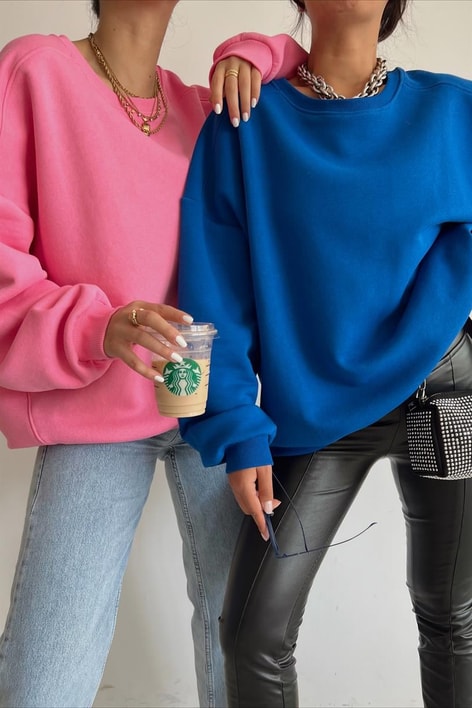Ribanalı Bisiklet Yaka Basic Sweatshirt Pembe