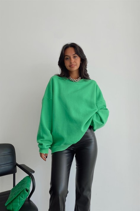 Ribanalı Bisiklet Yaka Basic Sweatshirt Yeşil