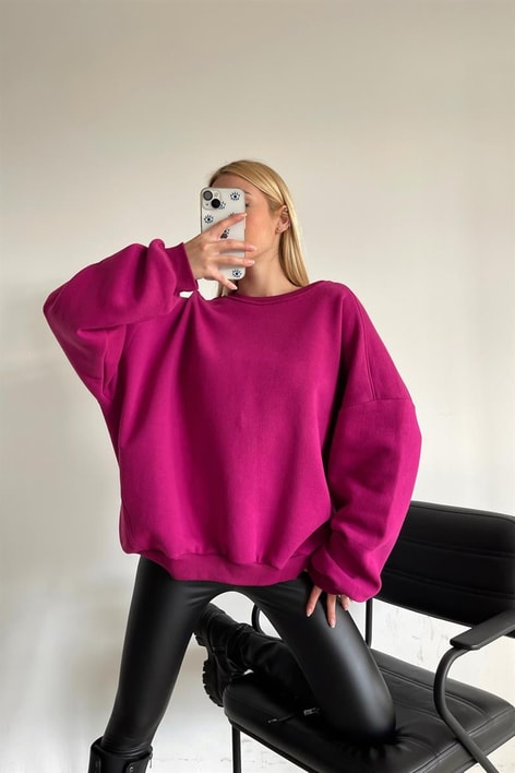 Ribanalı Bisiklet Yaka Basic Sweatshirt Mürdüm