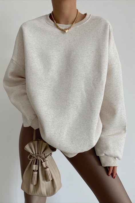 Ribanalı Bisiklet Yaka Basic Sweatshirt Bej