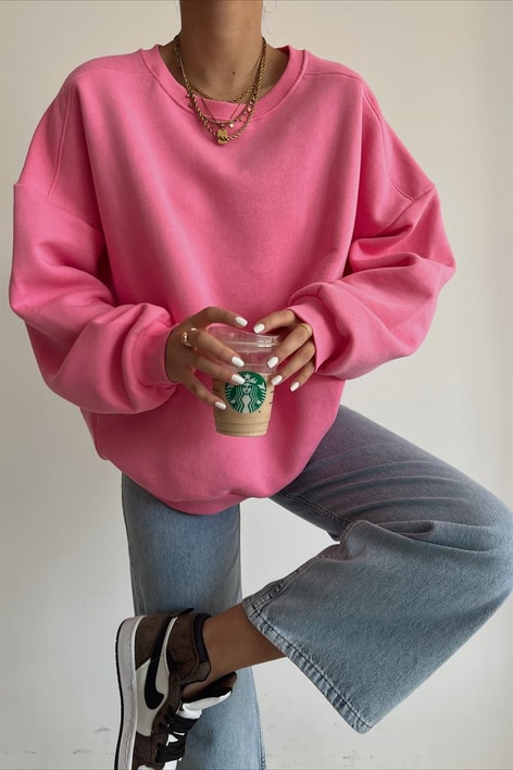 Ribanalı Bisiklet Yaka Basic Sweatshirt Pembe