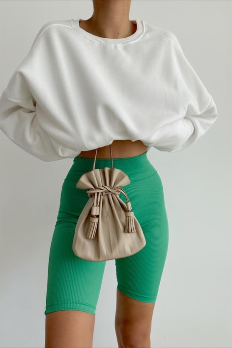 Ribanalı Bisiklet Yaka Basic Sweatshirt Beyaz