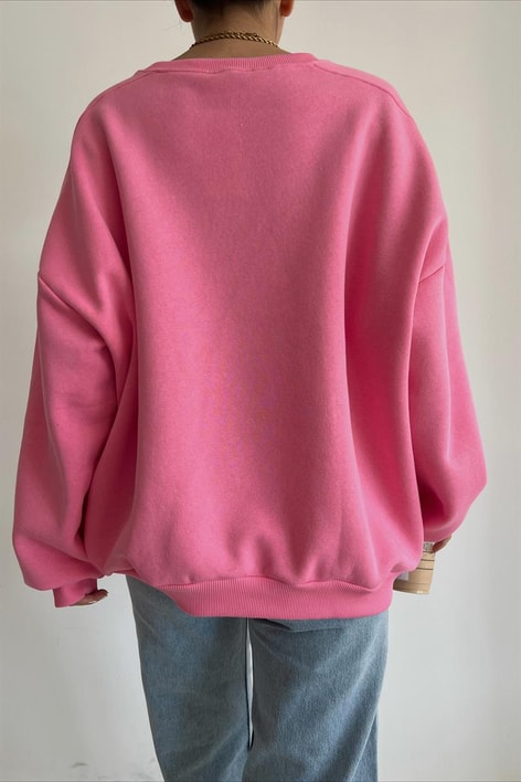 Ribanalı Bisiklet Yaka Basic Sweatshirt Pembe