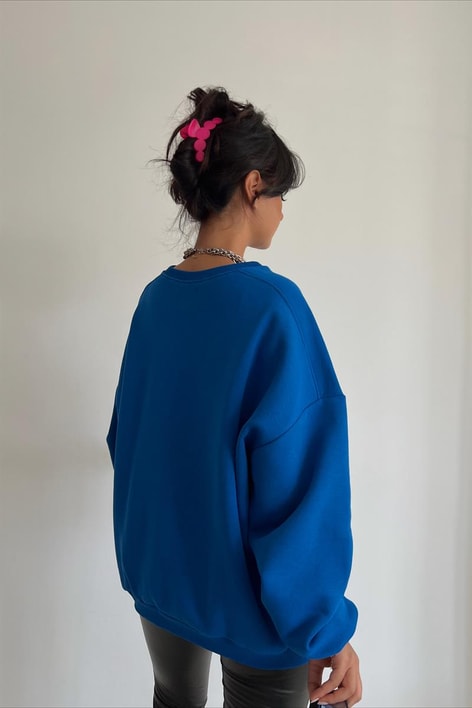 Ribanalı Bisiklet Yaka Basic Sweatshirt Saks Mavisi