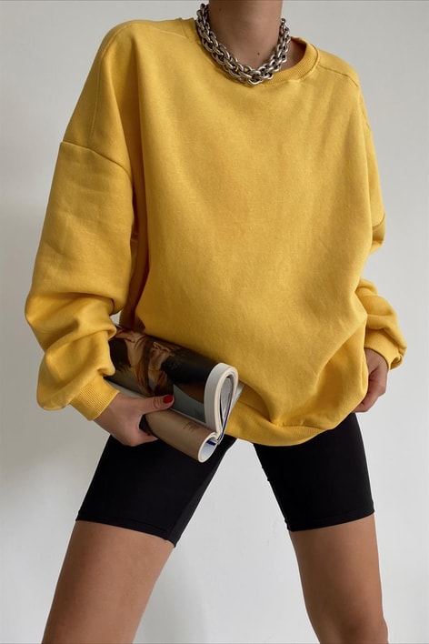Ribanalı Bisiklet Yaka Basic Sweatshirt Sarı