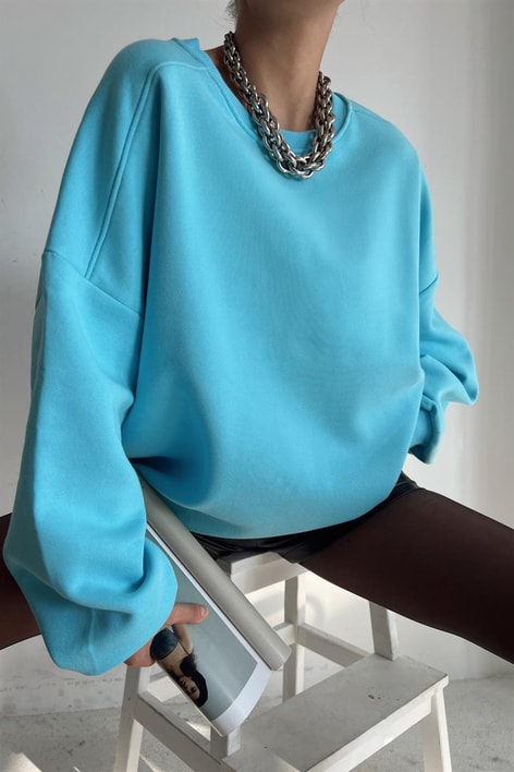 Ribanalı Bisiklet Yaka Basic Sweatshirt Açık Mavi