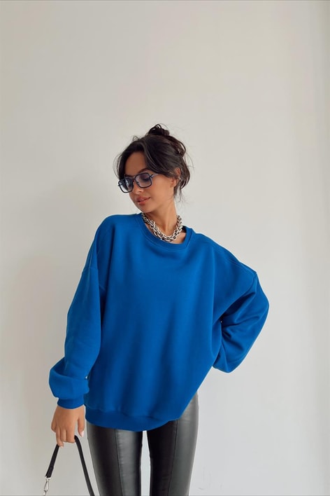 Ribanalı Bisiklet Yaka Basic Sweatshirt Saks Mavisi
