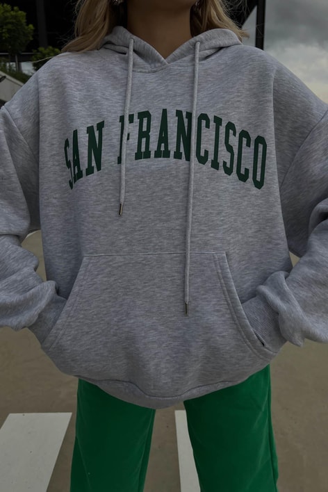 San Francisco Baskılı Kapüşonlu Sweatshirt Gri Melanj