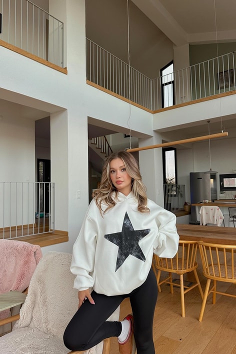 Star Baskı Sweatshirt Beyaz