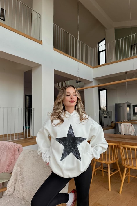 Star Baskı Sweatshirt Beyaz