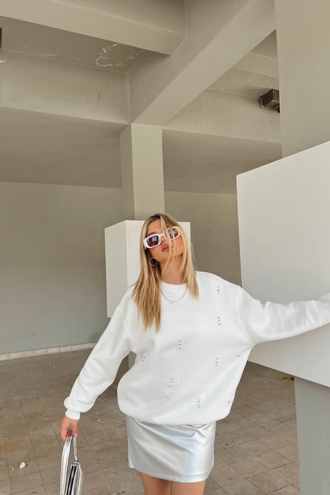 Taşlı Sweat Beyaz