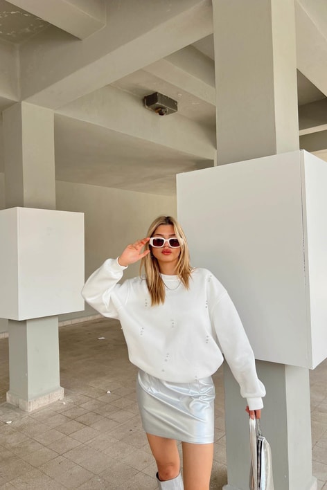 Taşlı Sweat Beyaz