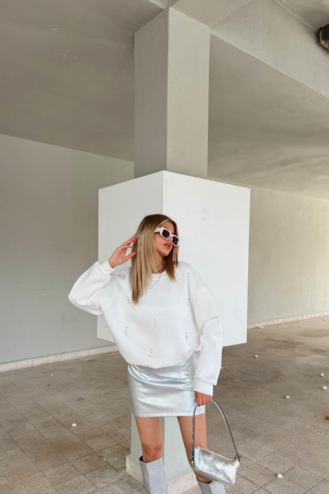 Taşlı Sweat Beyaz