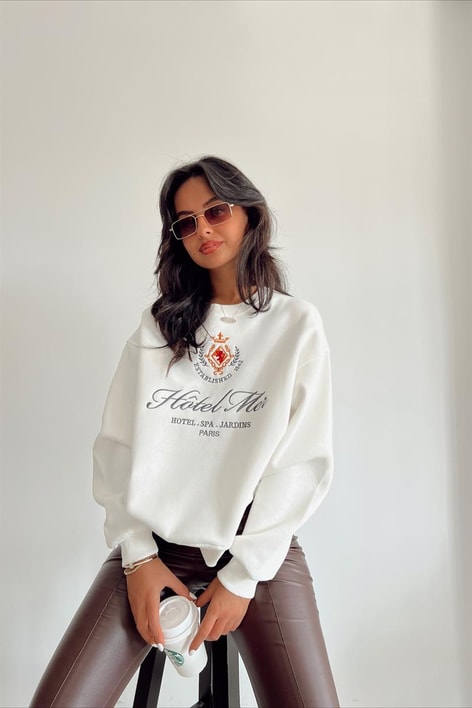 Text Nakışlı Sweat Beyaz