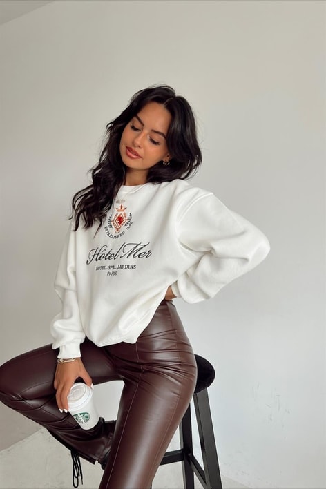 Text Nakışlı Sweat Beyaz