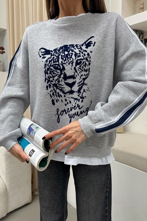 Tiger Tshirt Detaylı Sweat Gri