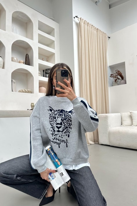 Tiger Tshirt Detaylı Sweat Gri