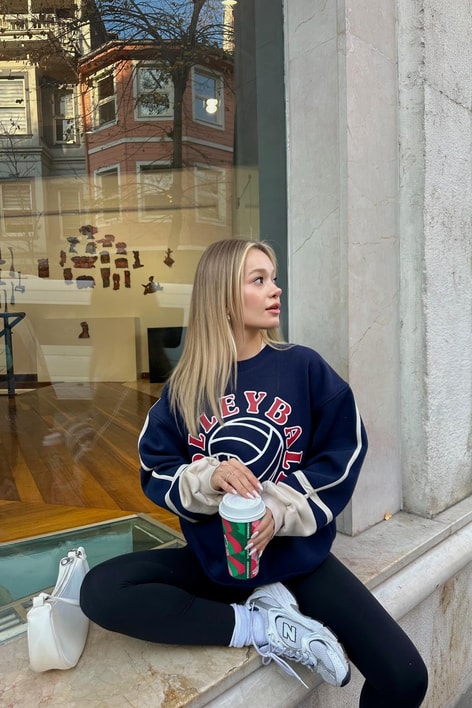 Volley Kol Şerit Sweatshirt Lacivert