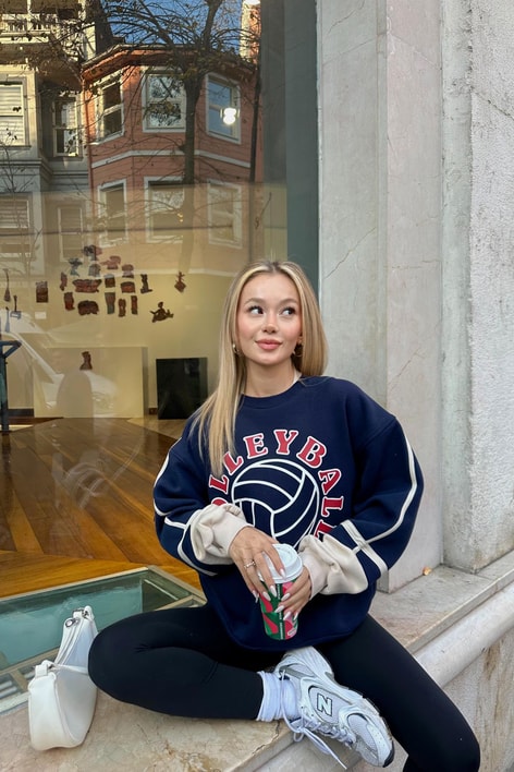 Volley Kol Şerit Sweatshirt Lacivert