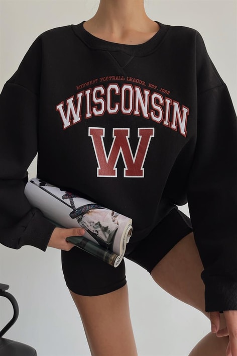 Wisconsin Nakışlı Sweatshirt Siyah