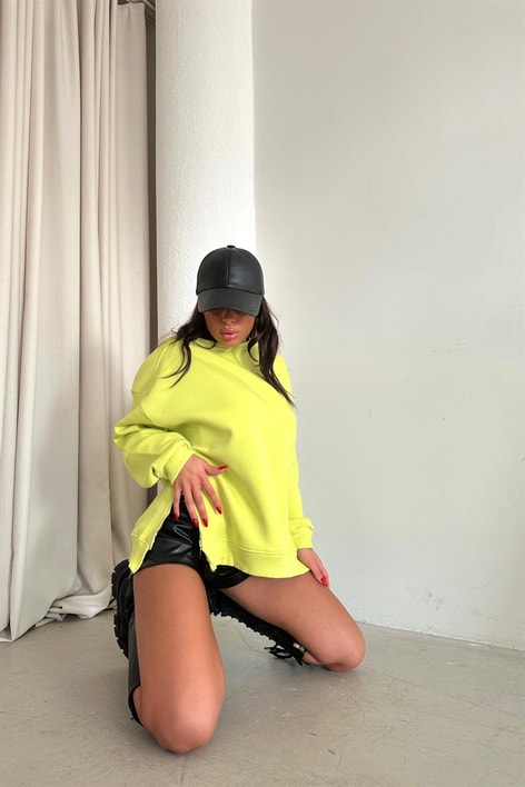 Yan Fermuarlı Bisiklet Yaka Sweatshirt Neon Yeşil