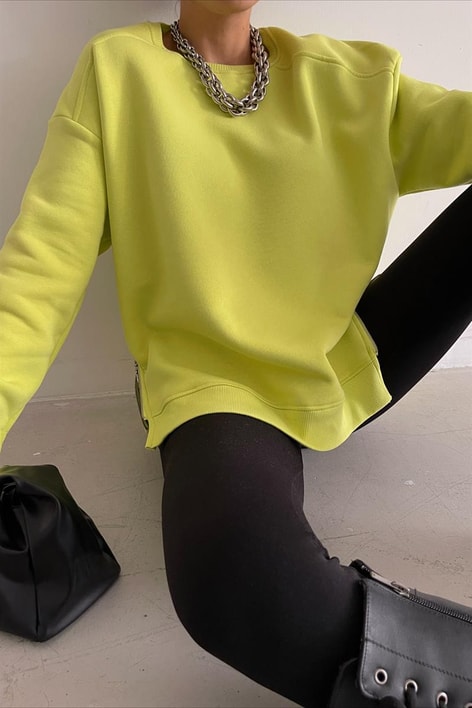 Yan Fermuarlı Bisiklet Yaka Sweatshirt Neon Yeşil