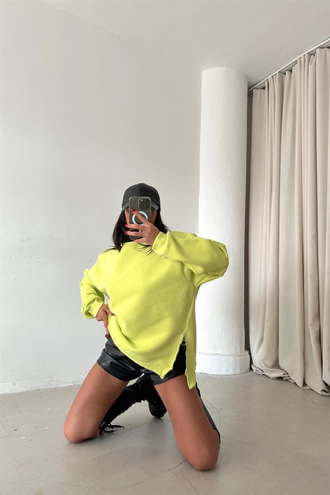 Yan Fermuarlı Bisiklet Yaka Sweatshirt Neon Yeşil
