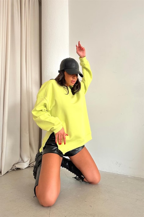 Yan Fermuarlı Bisiklet Yaka Sweatshirt Neon Yeşil