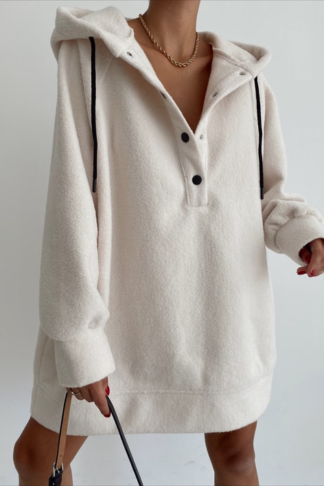 Yumoş Kapüşonlu Düğme Detay Sweatshirt Krem