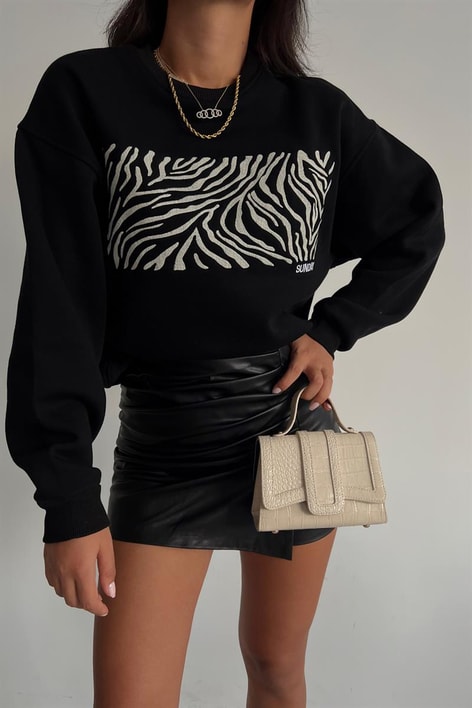 Zebra Desenli Sweatshirt Siyah