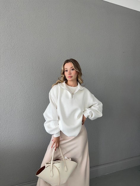 Zip Detay Basic  Sweat Beyaz