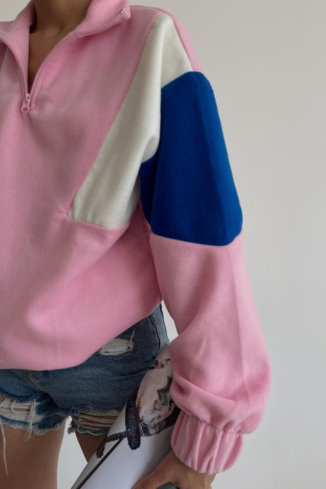 Zip Detay Colorful Polar Sweatshirt Pembe