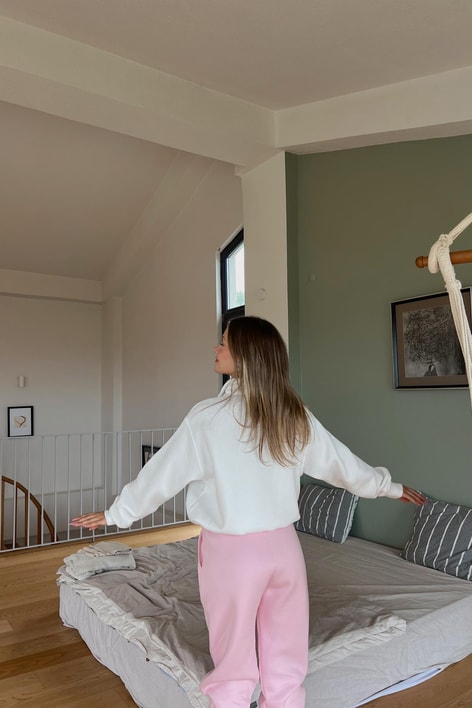Zip Detay Teddy Nakışlı Sweat Beyaz