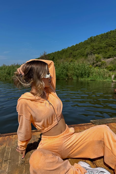 Angel Crop Kadife Takım Turuncu