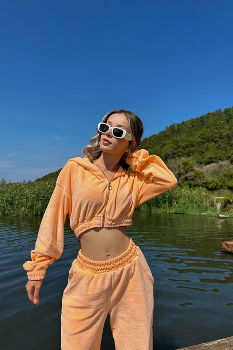 Angel Crop Kadife Takım Turuncu