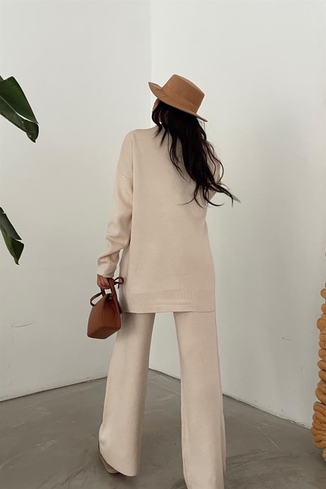 Balıkçı Yaka Palazzo Triko Takım Bej