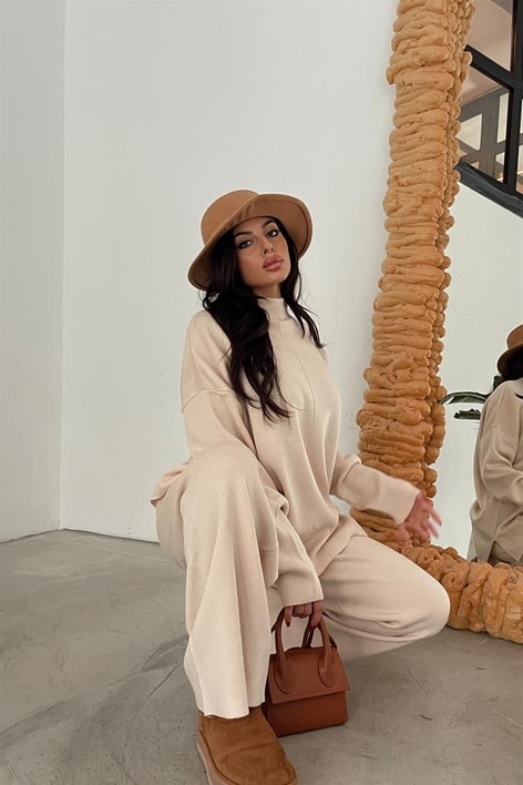 Balıkçı Yaka Palazzo Triko Takım Bej