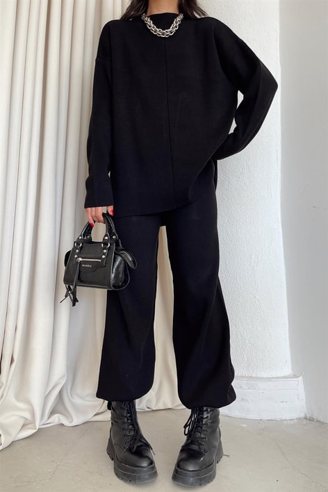 Balıkçı Yaka Palazzo Triko Takım Siyah