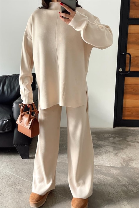 Balıkçı Yaka Palazzo Triko Takım Bej
