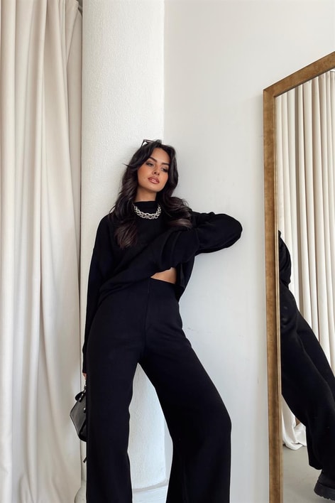 Balıkçı Yaka Palazzo Triko Takım Siyah