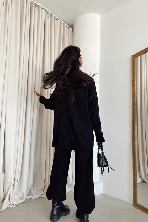 Balıkçı Yaka Palazzo Triko Takım Siyah