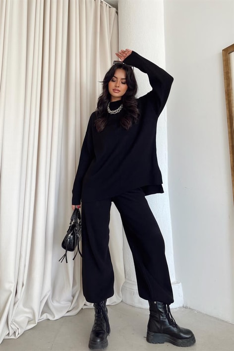 Balıkçı Yaka Palazzo Triko Takım Siyah