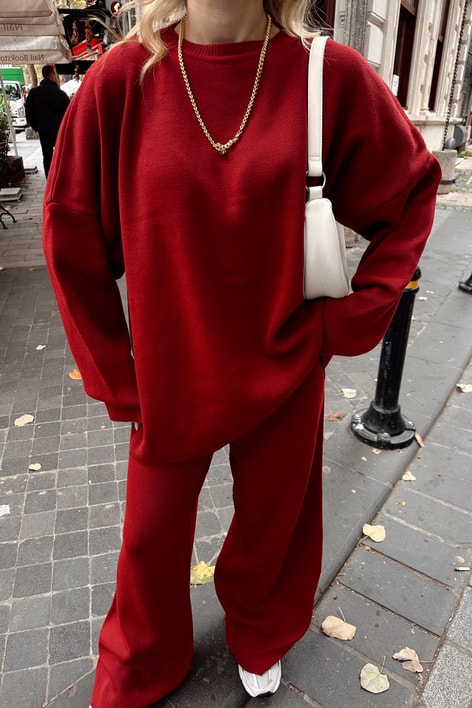 Basıc Oversize Triko Takım Bordo