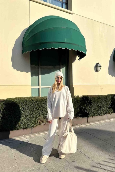 Basıc Oversize Triko Takım Krem