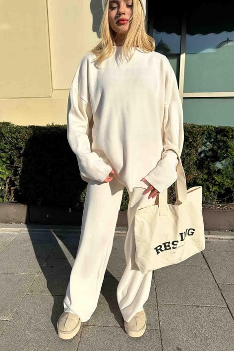Basıc Oversize Triko Takım Krem