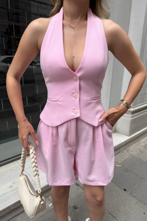 Boyundan Bağlamalı Yelek Şort Takım Pembe