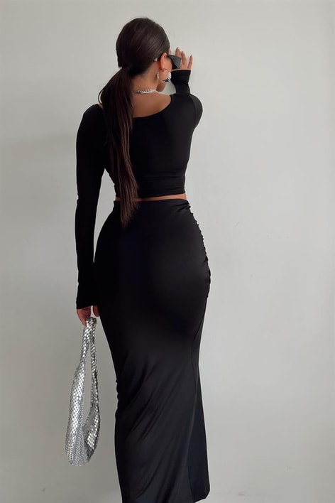 Büzgü Etekli Crop Basic Takım Siyah