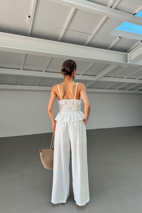Büzgülü Bluz Pantolon Takım Beyaz