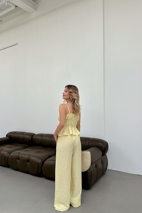 Büzgülü Bluz Pantolon Takım Sarı
